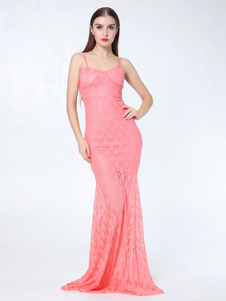 Rose bretelles Maxi robe dos-nu dentelle semi Sheer