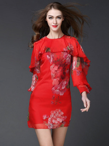 Robe Bodycon rouge imprimé Floral Ruffles robe en soie de forme Slim