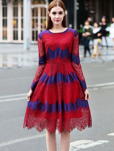 Robe bicolore impression dentelle volants robe pour femmes