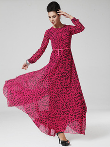 Robe en coton Sash impression léopard rose rouge robe Maxi