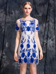 Robe a-ligne bleue brodé robe imprimée pour femmes