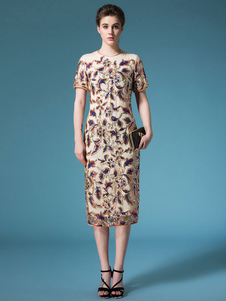 Multicolor Prom Dress thé longueur robe imprimée paillettes