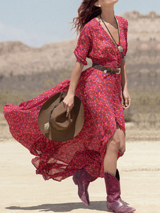 Impression profonde-V coton Maxi Blend robe rouge