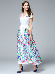 Robe Maxi blanc impression profonde-V Satin robe