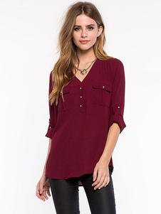 Chemisier Bordeaux poches boutons chemisier en mousseline de soie pour les femmes