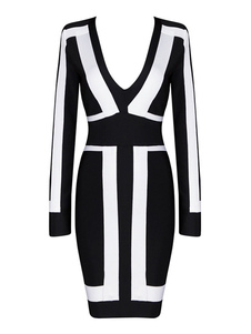 Color Block robe Bodycon impression profonde-V rayonne Party Dress