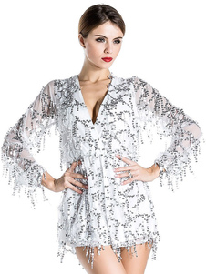 Robe courte blanche franges impression paillettes robe Spandex