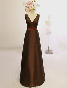 Sash V profond taffetas parole longueur robe de robe de soirée marron