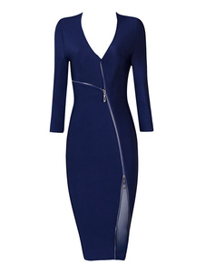 Marine robe Bodycon Split V profond rayonne Party Dress