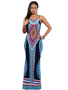 Sangles Maxi acétate imprimée Backless robe multicolore