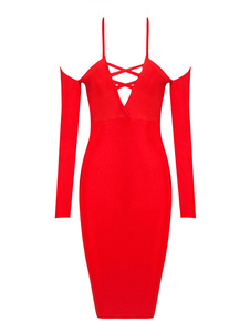 Robe Bodycon rouge bretelles croisée dos rayonne Party Dress