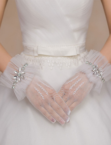 Mariage Ivoire strass Ruffles Mesh gants