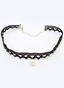 Collier gothique noir dentelle perle collier en métal pour les femmes
