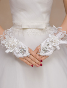 Mariage Ivoire Mitten Bow Rhinestone dentelle gants synthétiques