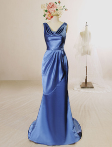 Bleu sirène robe de soirée Cowl Neck Sash ruché mat robe de Satin