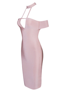 Robe rose Halter robe Bodycon Off-The-Shoulder profonde-V rayonne