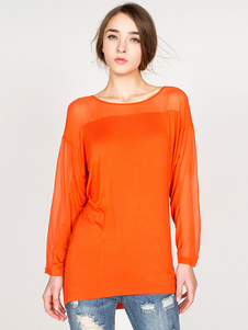 Chemisier orange semi Sheer soie Top pour femmes