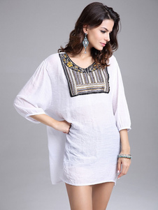 Surdimensionné haut Floral impression coton blanc lin Blouse pour