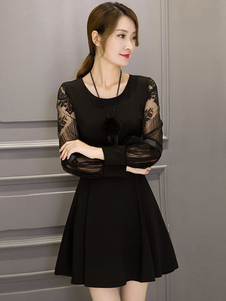 Robe trapèze noire semi Sheer Sash dentelle coton robe