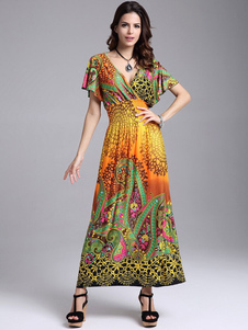 Robe de soie Floral impression profonde-V lait multicolor robe Maxi