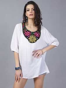 Blanc imprimé Floral haut brodé coton lin Blouse pour femmes