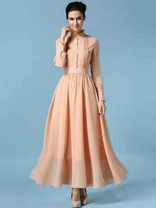 Latte Maxi robe boutons Sash robe en mousseline de soie pour les femmes