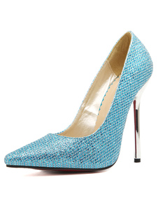 Pompes de mariée bleu Sequins bout pointu Glitter talons pour femmes