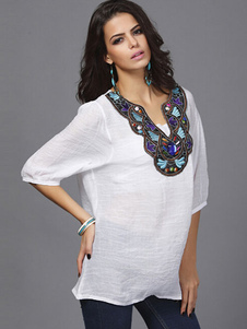 Blanc surdimensionné haut imprimé Floral brodé coton lin Blouse pour femmes