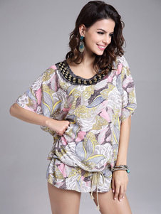 Blouse multicolore imprimé surdimensionné chemisier en mousseline de soie