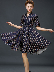 Multicolor Flare robe damier robe boutons coton