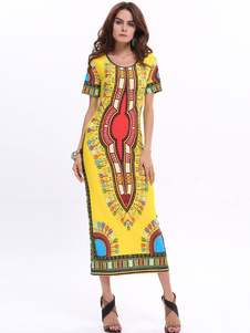 Robe en soie imprimé surdimensionné lait jaune robe Maxi