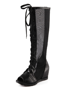 Mi-longues noir bottes lacets Peep Toe PU bottes pour femmes