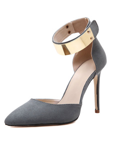 Sandales gris détails en métal pointu Toe monogramme Suede talons