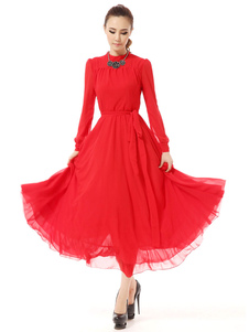 Robe Maxi rouge Ruffles Slim Fit robe en mousseline de soie