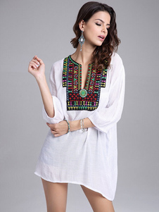 Surdimensionné haut Floral impression profonde-V coton blanc lin Blouse pour