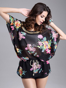 Noir Top Floral Print mousseline Blouse pour femmes