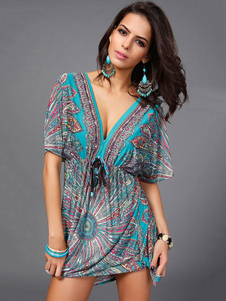 Couverture multicolore Backless impression profonde-V lait robe soie