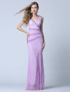 Robe de bal lilas gaine Split V profond dentelle robe de soirée