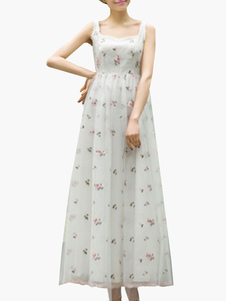Robe Maxi blanche bretelles brodé Floral Print Dress