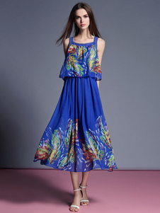 Robe bleu Floral imprimé bretelles thé longueur robe de mousseline de soie