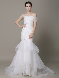 Robe de mariée sirène en organza ivoire avec dentelle encolure en coeur Avec traîne