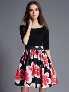 Flare noir robe Organza imprimé Floral