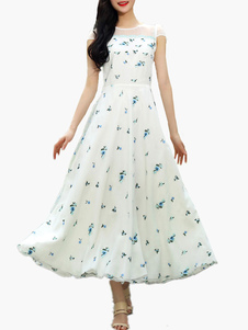 Robe Maxi blanc impression Organza robe en mousseline de soie