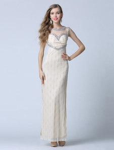 Champagne Prom robe Backless Split gaine Tulle robe de soirée strass