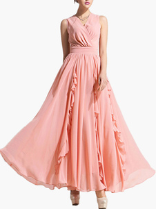 Robe Maxi rose plissé robe de mousseline de soie Sash