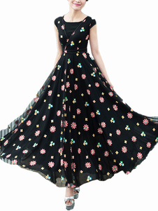 Imprimé Floral robe Maxi noire Slim Fit en mousseline de soie robe