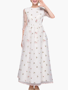 Robe Maxi blanc impression maille volants en mousseline de soie robe