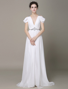 Robe de mariée Ivoire Cold-Shoulder robe de mariée en mousseline de soie perlée Backless