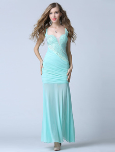 Robe de soirée verte Prom robe gaine sangles dos nu strass