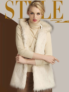 Blanc écru capuche gilet fausse fourrure Polyester veste pour femmes